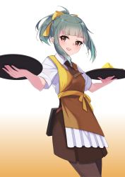 Rule 34 | 1girl, absurdres, apron, black background, black necktie, blunt bangs, brown eyes, brown skirt, commentary request, employee uniform, gradient background, grey hair, hair ribbon, highres, kantai collection, looking at viewer, multicolored apron, necktie, pantyhose, ponytail, ribbon, skirt, solo, tray, uniform, uut, waitress, white background, yellow background, yellow ribbon, yuubari (kancolle), yuubari kai ni (kancolle)