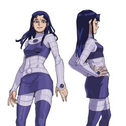 Rule 34 | 1girl, ass, blackfire, breasts, commentary, covered navel, dc comics, english commentary, hands on own hips, highres, jenxd d, long hair, looking at viewer, medium breasts, purple eyes, purple hair, simple background, skirt, smile, solo, teen titans, thighhighs, thighs, white background