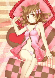 Rule 34 | 1girl, angelsyndrome, animal ears, babydoll, brown eyes, brown hair, cat ears, cat tail, collar, dress, frilled pillow, frills, legs, navel, original, panties, pillow, short hair, solo, striped clothes, striped panties, tail, unbuttoned, underwear