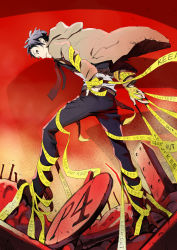 Rule 34 | 1boy, adachi tooru, atlus, bdsm, belt, black hair, bondage, bound, business suit, caution tape, formal, ginsyari, jacket, keep out, kishiwada robin, leaning forward, looking back, male focus, messy hair, necktie, persona, persona 4, profile, red theme, ribbon, ribbon bondage, shoes, short hair, solo, spoilers, standing, suit, wind