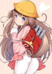 Rule 34 | 1girl, accidental exposure, animal ears, ass, azur lane, backpack, bag, blue eyes, brown hair, cisyo, clothes lift, commentary request, crescent, crescent hair ornament, crime prevention buzzer, dog ears, dog tail, from behind, fumizuki (azur lane), hair ornament, hat, highres, long hair, looking back, own hands together, pantyhose, pink shirt, pink skirt, randoseru, school uniform, serafuku, shirt, skirt, skirt lift, solo, tail, white pantyhose