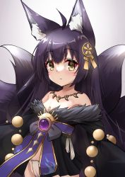 Rule 34 | 1girl, absurdres, aged down, ahoge, animal ear fluff, animal ears, azur lane, black hair, blush, breasts, brown eyes, closed mouth, commentary request, facial mark, fox ears, fox girl, fox tail, fur-trimmed kimono, fur trim, gradient background, grey background, groin, hair between eyes, hair ornament, highres, japanese clothes, jewelry, kimono, long hair, long sleeves, looking at viewer, magatama, magatama necklace, musashi (azur lane), nagato-chan, necklace, off shoulder, panties, revision, small breasts, solo, tail, underwear, very long hair, whisker markings, white background, white kimono, white panties, wide sleeves