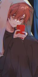 Rule 34 | 1boy, black background, black pants, black shirt, blue background, cellphone, covering with blanket, crying, crying with eyes open, highres, holding, holding phone, kajiyama fuuta, kao ru05, male focus, milgram, multicolored background, open mouth, pants, phone, red eyes, red hair, shirt, short hair, sitting, solo, tears