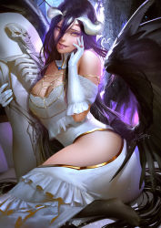 Rule 34 | 1girl, ainz ooal gown, albedo (overlord), artist name, bare shoulders, bed, black feathers, black hair, black legwear, black wings, body pillow, breasts, cleavage, commentary, dakimakura (object), demon girl, demon horns, demon wings, detached collar, dress, english commentary, feathered wings, feathers, finger to cheek, gloves, hair between eyes, hip focus, hip vent, holding, holding pillow, horns, jewelry, large breasts, long hair, low wings, lying, necklace, no shoes, on side, overlord (maruyama), parted lips, pillow, pink lips, red eyes, revealing clothes, ring, sitting, skeleton, skull, smile, solo, very long hair, white dress, white gloves, wings, yellow eyes, zumi (zumidraws)