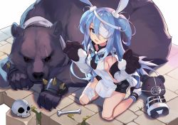 Rule 34 | 1girl, :d, animal, animal ears, animal hands, bandage over one eye, bare shoulders, bear, black choker, black shorts, blue eyes, blue hair, bone, boots, bow, bowtie, breasts, choker, doll joints, elbow gloves, fang, gloves, hair between eyes, highres, hood, hood down, joints, kneeling, linmiu (smilemiku), little witch nobeta, long hair, looking at viewer, monica (little witch nobeta), open mouth, paw gloves, rabbit ears, revealing clothes, short shorts, shorts, sideless outfit, skull, small breasts, smile, socks, solo, stuffed animal, stuffed toy, teddy bear, thighs, two side up, very long hair