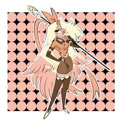 1girl hazbin_hotel highres holding holding_polearm holding_weapon long_hair pink_ribbon pink_shirt polearm ribbon shirt solo vaggie weapon white_hair yasutak1192