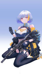Rule 34 | 1girl, absurdres, assault rifle, bare shoulders, black gloves, black jacket, black shorts, black thighhighs, blonde hair, blue background, bob cut, breasts, buckle, cleavage, commentary, crop top, cross-laced clothes, cross-laced top, cutout gloves, eyebrows hidden by hair, full body, garter straps, gloves, gradient background, gun, hand up, highres, holding, holding gun, holding weapon, jacket, kiwi (lzwentea), large breasts, looking to the side, multicolored hair, off shoulder, original, parted lips, red eyes, rifle, see-through, shoes, short hair, shorts, simple background, sitting, snap-fit buckle, sneakers, solo, streaked hair, teeth, thighhighs, two-tone background, two-tone hair, weapon, white background, white footwear, white hair, yokozuwari, zipper pull tab