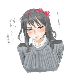 Rule 34 | 1girl, blue eyes, blush, collared shirt, elizabeth f. beurling, embarrassed, grey hair, nigatsu (fevrali), open mouth, ribbed sweater, ribbon, shirt, simple background, solo, strike witches, sweatdrop, sweater, translation request, wavy hair, white background, world witches series