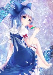 Rule 34 | 1girl, arm support, bad id, bad pixiv id, bare legs, barefoot, bloomers, blue eyes, blue hair, cirno, dress, feet, food, from behind, glass slipper, high heels, highres, ice, ice wings, looking back, matching hair/eyes, md5 mismatch, no socks, nunucco, popsicle, shoes, short hair, sitting, smile, solo, touhou, underwear, watermelon bar, wings
