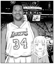 Rule 34 | 1boy, 1girl, absurdres, basketball uniform, dark-skinned female, dark-skinned male, dark skin, gawr gura, greyscale, height difference, highres, hololive, hololive english, looking at viewer, los angeles lakers, monochrome, national basketball association, open mouth, real life, shaquille o&#039;neal, sharp teeth, shirakami fubuki, smile, sportswear, teeth, two side up, virtual youtuber, xyanaid
