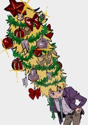 Rule 34 | 1boy, absurdres, blonde hair, blue eyes, christmas ornaments, christmas tree, closed mouth, collared shirt, hanazawa teruki, hand on own hip, highres, jacket, lisiduomuli, long sleeves, looking at viewer, male focus, mob psycho 100, necktie, purple jacket, school uniform, shirt, simple background, smile, solo, tall hair, white shirt, wig