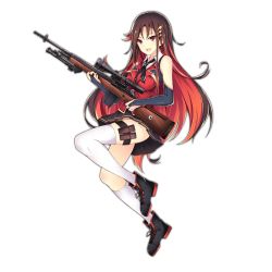 Rule 34 | 1girl, bipod, black skirt, boots, bridal gauntlets, brown hair, full body, girls&#039; frontline, gun, hair ornament, jianren, long hair, looking at viewer, m21, m21 (girls&#039; frontline), magazine (weapon), match grade firearm, match grade rifle, multicolored hair, official art, pleated skirt, red eyes, red hair, rifle, scope, skirt, sniper rifle, solo, thighhighs, transparent background, weapon, white thighhighs