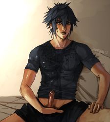 Rule 34 | 10s, erection, final fantasy, final fantasy xv, looking at viewer, male focus, myoutsumi, noctis lucis caelum, penis, sitting, solo, undressing