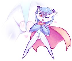 Rule 34 | 1girl, alternate color, blue hair, blue panties, blush, cape, cleft of venus, creatures (company), exed eyes, female focus, frontal wedgie, full body, game freak, gardevoir, gen 3 pokemon, hands up, heart, looking to the side, mega pokemon, mega stone, navel, nintendo, one eye closed, open mouth, own hands together, panties, partially visible vulva, pokemon, pokemon (creature), red eyes, self wedgie, shiny pokemon, short hair, simple background, smile, solo, spread legs, standing, underwear, wedgie, white background, wink, zoom layer