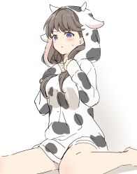 Rule 34 | 1girl, absurdres, animal ear hood, animal ears, animal print, bare legs, barefoot, black hoodie, blush, breast suppress, breasts, brown hair, closed mouth, commentary request, cow ears, cow hood, cow horns, cow print, embarrassed, fake animal ears, foot out of frame, fujishima megumi, hands up, highres, hood, hood up, hoodie, horns, large breasts, link! like! love live!, long hair, long sleeves, looking at viewer, love live!, print hoodie, purple eyes, simple background, sitting, sleeves past wrists, solo, sweatdrop, two-tone hoodie, v-shaped eyebrows, wariza, white background, white hoodie, yutuki ame