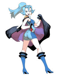 Rule 34 | 00s, 1girl, ass, blue hair, boots, cape, clair (pokemon), creatures (company), game freak, genzoman, gym leader, hair between eyes, high heel boots, high heels, nintendo, poke ball, pokemon, pokemon hgss, ponytail, simple background, solo, white background