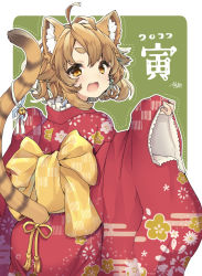 Rule 34 | 1girl, 2022, :d, animal ear fluff, animal ears, antenna hair, ass, bell, bow, brown eyes, brown hair, chinese zodiac, commentary request, fang, floral print, from behind, green background, hair between eyes, highres, japanese clothes, jingle bell, kimono, long sleeves, looking at viewer, looking back, nachiru, open mouth, original, pinching sleeves, print kimono, red kimono, ribbon, short eyebrows, short hair, sleeves past wrists, smile, solo, tail, tail ornament, tail raised, tail ribbon, thick eyebrows, tiger ears, tiger girl, tiger tail, two-tone background, white background, white ribbon, wide sleeves, year of the tiger, yellow bow