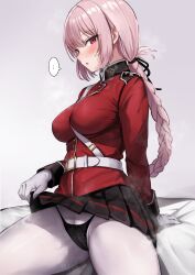 Rule 34 | ..., 1girl, absurdres, arm support, bed sheet, belt buckle, between breasts, black panties, black skirt, blush, braid, braided ponytail, breasts, buckle, clothes lift, embroidered panties, fate/grand order, fate (series), florence nightingale (fate), gloves, hair ribbon, highres, jacket, large breasts, lifting own clothes, long sleeves, looking at viewer, miniskirt, mochitsuki karen, panties, panties under pantyhose, pantyhose, pink hair, pleated skirt, red eyes, red jacket, ribbon, sitting, skirt, skirt lift, solo, spoken ellipsis, steaming body, strap between breasts, underwear, white gloves, white pantyhose