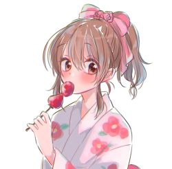 Rule 34 | 1girl, blush, bow, brown hair, covered mouth, eating, floral print, hair bow, hona (eg roloc), hori yuko, idolmaster, idolmaster cinderella girls, japanese clothes, kimono, looking at viewer, pink bow, ponytail, print kimono, simple background, solo, tanghulu, upper body