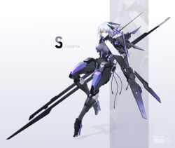 Rule 34 | 1girl, android, bodysuit, breasts, character name, closed mouth, commentary request, grey hair, hair between eyes, hair ornament, hairclip, highres, holding, holding weapon, huge weapon, large breasts, looking at viewer, mecha musume, mechanical arms, punishing: gray raven, robot, rosetta: rigor (punishing: gray raven), rosetta (punishing: gray raven), science fiction, short hair, simple background, solo, weapon, white background, white hair, x hair ornament, yellow eyes, yu jiu