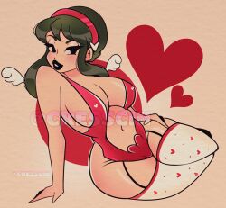Rule 34 | 1girl, arm support, black eyes, black hair, black lips, breasts, cleavage, cresscin, garter straps, hairband, heart, heart print, highres, large breasts, long hair, looking at viewer, navel, one-piece swimsuit, parted lips, print legwear, raised eyebrow, red one-piece swimsuit, sitting, slingshot swimsuit, spy x family, swimsuit, teeth, thighhighs, valentine, white thighhighs, wings, yor briar