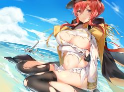 Rule 34 | 1girl, arm under breasts, azur lane, beach, black gloves, black thighhighs, blue sky, blush, braid, breasts, cannon, cloud, coat, damaged, day, epaulettes, floating hair, ginn (hzh770121), gloves, hair between eyes, hair bun, half gloves, hat, jacket, jacket on shoulders, jewelry, large breasts, long hair, looking at viewer, military hat, military jacket, monarch (azur lane), navel, ocean, outdoors, parted lips, peaked cap, pleated skirt, red hair, sand, sidelocks, single hair bun, sitting, skirt, sky, solo, stomach, thighhighs, thighs, torn clothes, wariza, wind, wind lift