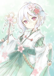Rule 34 | 104, 1girl, antenna hair, braid, closed mouth, clothing request, commentary request, flower, green background, green theme, hair between eyes, hair flower, hair ornament, heart, highres, japanese clothes, kokkoro (new year) (princess connect!), kokkoro (princess connect!), looking at viewer, miko, pointy ears, princess connect!, purple eyes, short hair, silver hair, smile, solo, split mouth, upper body