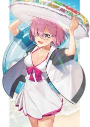 Rule 34 | 1girl, :d, arms up, beach, blush, bow, breasts, cleavage, cowboy shot, day, dress, eyes visible through hair, fate/grand order, fate (series), framed, from side, glasses, hair over one eye, halterneck, hayashi kewi, holding, holding swim ring, innertube, looking at viewer, mash kyrielight, mash kyrielight (swimsuit of perpetual summer), medium breasts, ocean, official alternate costume, open mouth, out of frame, outdoors, pink hair, purple eyes, smile, solo, spaghetti strap, sparkle, swim ring, white dress