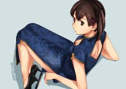 Rule 34 | 1girl, back cutout, bad id, bad pixiv id, black footwear, blue background, blue dress, brown eyes, brown hair, china dress, chinese clothes, cleavage cutout, clothing cutout, dress, floral print, full body, high heels, kaga (kancolle), kantai collection, makio (makiomeigenbot), short hair, side ponytail, simple background, sitting, solo, unmoving pattern
