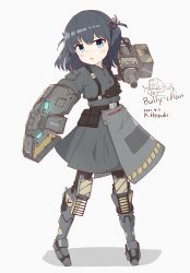 Rule 34 | 1girl, absurdres, ammunition pouch, armored boots, battle of titans, belt, black hair, black thighhighs, blue eyes, boots, bully (battle of titans), cannon, hair ornament, highres, holding, holding shield, hozukikasumi, mecha musume, mechanical legs, mechanical parts, military, open mouth, personification, pouch, shield, shirt, short twintails, shoulder cannon, skirt, solo, standing, t-shirt, thighhighs, twintails, utility belt, waist cape, weapon, white background