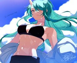 Rule 34 | 1girl, aqua hair, arknights, armpits, bare shoulders, bikini, bikini top only, black bikini, blue sky, breasts, brown eyes, cleavage, closed mouth, cloud, collarbone, day, floating hair, from below, horns, hoshiguma (arknights), long hair, looking at viewer, looking down, medium breasts, mtk (souko), navel, off shoulder, open clothes, open shirt, outdoors, shirt, signature, single horn, skin-covered horns, sky, smile, solo, stomach, swimsuit, toned, translation request, undressing, upper body, very long hair, white shirt