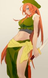 Rule 34 | 1girl, adapted costume, alternate costume, asuna (i luv), bare arms, blue eyes, braid, colorized, crop top, crop top overhang, gradient background, hat, highres, hong meiling, katana, long hair, looking at viewer, looking down, midriff, navel, parted lips, profile, red hair, ribbon, sketch, skirt, sleeveless, solo, sword, touhou, twin braids, very long hair, vest, weapon