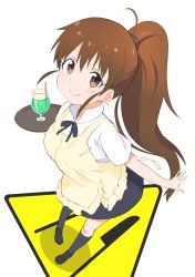 Rule 34 | 1girl, apron, bad id, bad twitter id, black skirt, blue skirt, brown eyes, brown hair, collared shirt, drink, from above, full body, highres, kerun, long hair, looking at viewer, ponytail, shirt, sign, simple background, skirt, smile, solo, standing, taneshima popura, tray, wagnaria uniform, waitress, white background, white shirt, working!!