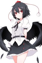 Rule 34 | 1girl, arms behind back, black hair, black ribbon, black skirt, black wings, collared shirt, cowboy shot, expressionless, feathered wings, feathers, female focus, frilled skirt, frills, hat, highres, looking at viewer, nankotsu, pom pom (clothes), puffy short sleeves, puffy sleeves, red eyes, ribbon, shameimaru aya, shirt, short hair, short sleeves, simple background, skirt, slit pupils, solo, thighs, tokin hat, touhou, white background, white shirt, wings