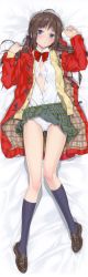 Rule 34 | 1girl, absurdres, ahoge, bed sheet, black socks, blue eyes, blue socks, blush, bow, bow bra, bowtie, bra, breasts, brown hair, cardigan, cleavage, clothes lift, coat, dakimakura (medium), full body, happoubi jin, highres, kneehighs, lingerie, loafers, long hair, long image, looking at viewer, low twintails, open clothes, open coat, open shirt, original, panties, parted lips, plaid, plaid skirt, pleated skirt, scan, shirt, shoes, skirt, skirt lift, small breasts, socks, solo, tall image, toggles, twintails, unbuttoned, underwear, upskirt, white bra, white panties
