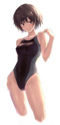 Rule 34 | 1girl, absurdres, amagami, backlighting, black eyes, black hair, black one-piece swimsuit, breasts, closed mouth, competition swimsuit, contrapposto, covered navel, cowboy shot, cropped legs, grey one-piece swimsuit, hand on own hip, hand up, head tilt, highres, looking at viewer, medium breasts, nanasaka ai, one-piece swimsuit, shiny skin, short hair, simple background, smile, solo, standing, swimsuit, thighs, ulrich (tagaragakuin), v-shaped eyebrows, white background