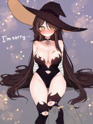 Rule 34 | applying bandages, arm support, arms behind back, bandaged arm, bandages, bandaid, bare shoulders, black choker, black leotard, blush, breasts, brown hair, choker, cleavage, closed mouth, english text, feet out of frame, frown, hat, heart, heart choker, highleg, highleg leotard, highres, knees, large breasts, leotard, long hair, looking at viewer, orange eyes, original, pov, pov hands, scraped knee, sitting, sky above me, strapless, strapless leotard, thigh gap, thighhighs, very long hair, witch, witch hat