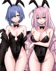 Rule 34 | 2girls, animal ears, arm under breasts, bare legs, bare shoulders, black bow, black bowtie, black corset, black leotard, blue eyes, blue hair, bocchi the rock!, bow, bowtie, breasts, coat, collarbone, corset, covered navel, cowboy shot, fake animal ears, gluteal fold, gotoh hitori, groin, hair ornament, hair over one eye, hairclip, highres, jacket, kushinaka, large breasts, leotard, medium breasts, mole, mole under eye, multiple girls, off shoulder, open mouth, pink hair, pink jacket, playboy bunny, rabbit ears, short hair, simple background, sleeveless, thigh gap, thighs, track jacket, white background, yamada ryo, yellow eyes