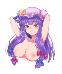 Rule 34 | 1girl, absurdres, arms behind head, arms up, blue bow, blunt bangs, blush, bow, breasts, closed mouth, collarbone, crescent, crescent hat ornament, crescent pin, cropped torso, hair bow, hat, hat ornament, highres, large breasts, long hair, looking at viewer, mob cap, nipples, nude, patchouli knowledge, pink bow, purple hair, purple hat, qiu ju, sidelocks, simple background, solo, steam, touhou, upper body, white background