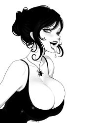 Rule 34 | 1girl, artist name, brassica, breasts, cleavage, collarbone, dress, drooling, eyelashes, heart, heart-shaped pupils, highres, jewelry, large breasts, lips, necklace, nose piercing, nose ring, original, photo-referenced, piercing, shadow, short hair, solo, spider ornament, symbol-shaped pupils, tongue, tongue out, upper body