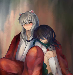 Rule 34 | 10s, 1boy, 1girl, 2015, animal ears, aying-h, black hair, blush, closed eyes, dated, dog ears, hair between eyes, hetero, higurashi kagome, inuyasha, inuyasha (character), jewelry, kneehighs, leaning on person, long hair, necklace, pearl necklace, shared clothes, signature, silver hair, sitting, smile, socks, white socks, yellow eyes