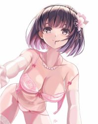 Rule 34 | 1girl, all fours, bow, bow bra, bow panties, bra, breasts, brown eyes, brown hair, brz, cleavage, collarbone, commentary request, elbow gloves, flower, from below, gloves, hair flower, hair in own mouth, hair ornament, highres, jewelry, katou megumi, looking at viewer, medium breasts, navel, necklace, panties, pearl necklace, pink bra, pink panties, saenai heroine no sodatekata, short hair, signature, simple background, solo, strap slip, thighhighs, tongue, tongue out, underwear, underwear only, unfastened, white background, white gloves, white thighhighs