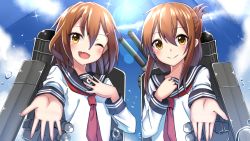 Rule 34 | 10s, 2girls, ;d, anchor print, blue sky, brown eyes, brown hair, cloud, commentary request, day, fang, folded ponytail, hair between eyes, hair ornament, hairclip, hand on own chest, ikazuchi (kancolle), inazuma (kancolle), kantai collection, light rays, multiple girls, neckerchief, one eye closed, open mouth, outstretched hand, rigging, school uniform, serafuku, sky, smile, sparkle, sunbeam, sunlight, takamiya nao, water drop