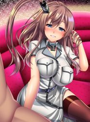 Rule 34 | 1girl, 1other, anchor, blue eyes, breast pocket, breast press, breasts, brown hair, couch, dress, garter straps, hair between eyes, hair ornament, kantai collection, large breasts, militia minpei, parted lips, pocket, ponytail, red thighhighs, remodel, remodel (kantai collection), saratoga (kancolle), side ponytail, sidelocks, sitting, smokestack, thighhighs, white dress