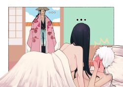 Rule 34 | ..., 1boy, 2girls, absurdres, bed, bite mark, black hair, bleach, blush, commentary, completely nude, english commentary, full-face blush, hair down, haori, hickey, highres, interrupted, japanese clothes, kotetsu isane, kyouraku shunsui, multiple girls, nude, pillow, screen door, shynrinn, surprised, unohana retsu, walk-in, white hair, yuri