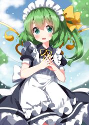 Rule 34 | 1girl, alternate costume, apron, black dress, blush, daiyousei, dress, enmaided, fairy, fairy wings, frilled apron, frilled dress, frills, green eyes, green hair, hair between eyes, highres, long hair, looking at viewer, maid, maid apron, maid headdress, open mouth, puffy short sleeves, puffy sleeves, ruu (tksymkw), short sleeves, side ponytail, smile, solo, touhou, waist apron, white apron, wings