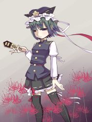 Rule 34 | 1girl, balance scale, black headwear, black thighhighs, flower, green eyes, green hair, holding, juliet sleeves, long sleeves, looking at viewer, puffy sleeves, red flower, ribbon-trimmed legwear, ribbon trim, rod of remorse, shiki eiki, short hair, solo, spider lily, standing, thighhighs, touhou, ukishika, weighing scale