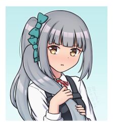 Rule 34 | 1girl, blue background, blunt bangs, bow, brown eyes, collared shirt, double side ponytail, dress, dress shirt, gradient background, green bow, grey hair, highres, holding, holding own hair, kantai collection, kasumi (kancolle), konato k, long hair, looking at viewer, neck ribbon, pinafore dress, red ribbon, ribbon, shirt, side ponytail, sleeveless, sleeveless dress, solo, twintails day, upper body, white shirt