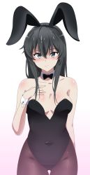 Rule 34 | 1girl, animal ears, bare arms, bare shoulders, black bow, black bowtie, black hair, blue eyes, blush, bow, bowtie, breasts, closed mouth, collarbone, covered navel, cowboy shot, detached collar, fake animal ears, gradient background, hair between eyes, highres, leotard, lizta, long hair, looking at viewer, pantyhose, playboy bunny, rabbit ears, simple background, small breasts, solo, straight hair, thigh gap, wrist cuffs, yahari ore no seishun lovecome wa machigatteiru., yukinoshita yukino