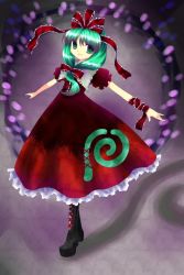 Rule 34 | 1girl, blush, boots, bow, bowtie, dress, female focus, front ponytail, green eyes, green hair, hair bow, kagiyama hina, knee boots, looking at viewer, matching hair/eyes, outstretched arms, puffy short sleeves, puffy sleeves, red bow, red bowtie, red dress, sakurano, shawl, short hair, short sleeves, solo, standing, touhou, wrist cuffs